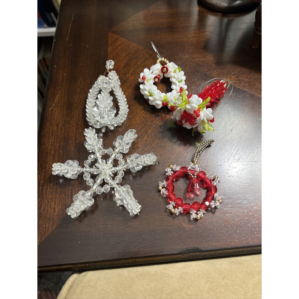 5 Vintage Mid Century Beaded Wreath Candle Snowflake Christmas Ornaments